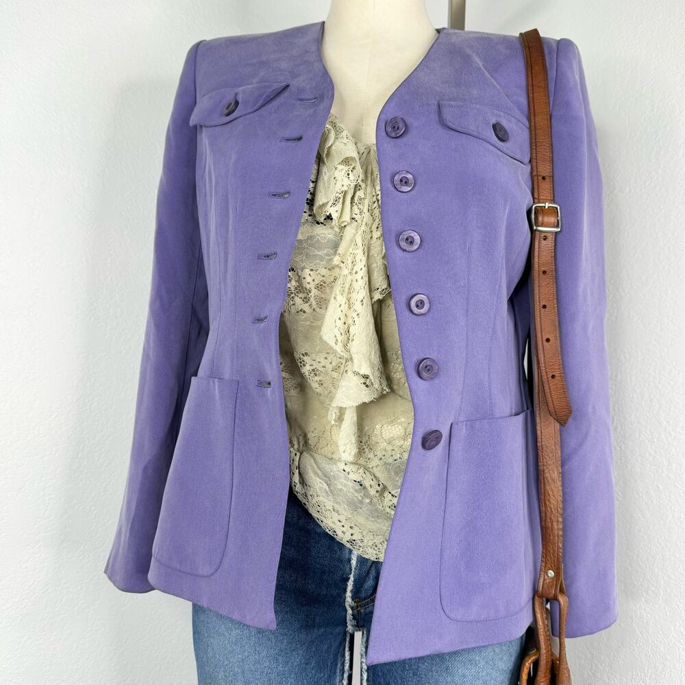 Vintage 90s 100% Silk Jacket Purple Button Front Size 6 Petite